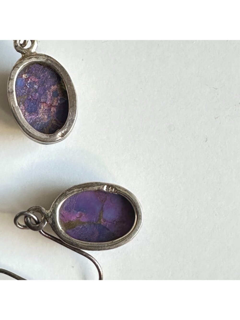 Sterling Silver 925 Purple Copper Turquoise Cabochon Drop Earrings Bohemian - Picture 5 of 7